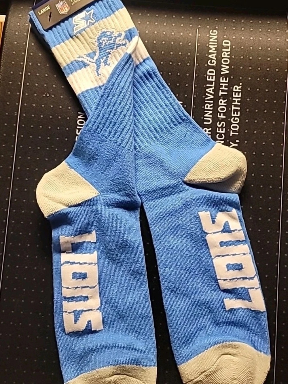 STARTER Light Blue and White Detroit Lions Athletic Crew Socks, Size Large